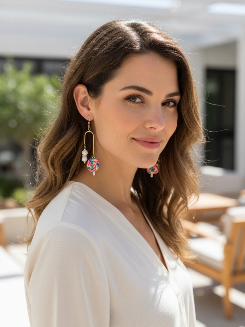 Rainbow Swirl Polymer Clay Lollipop & White Glass Bead Arch Earrings - Picture 3 of 4